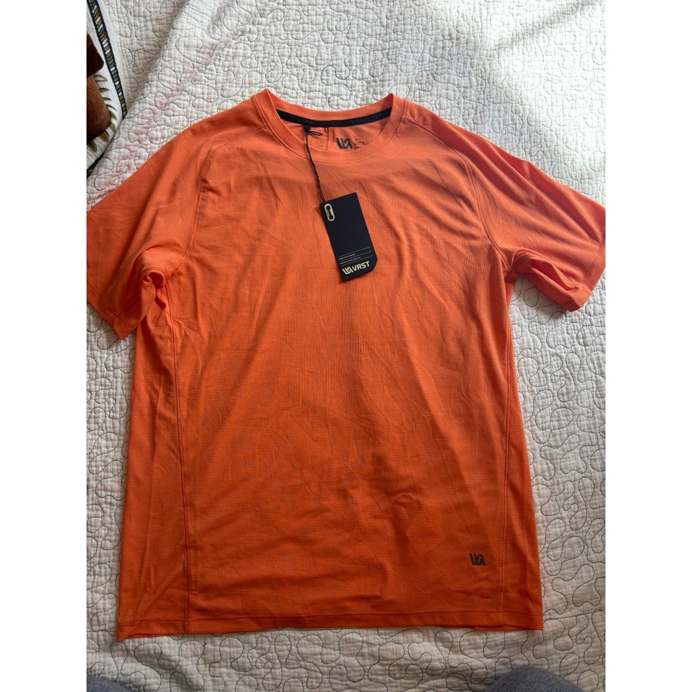 VRST Mens Short Sleeve Active Lifestyle T-Shirt Orange Textured Grid Small